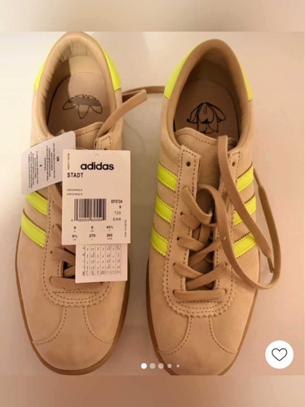 adidas Originals Beige Suede Sneakers with Neon Yellow Stripes